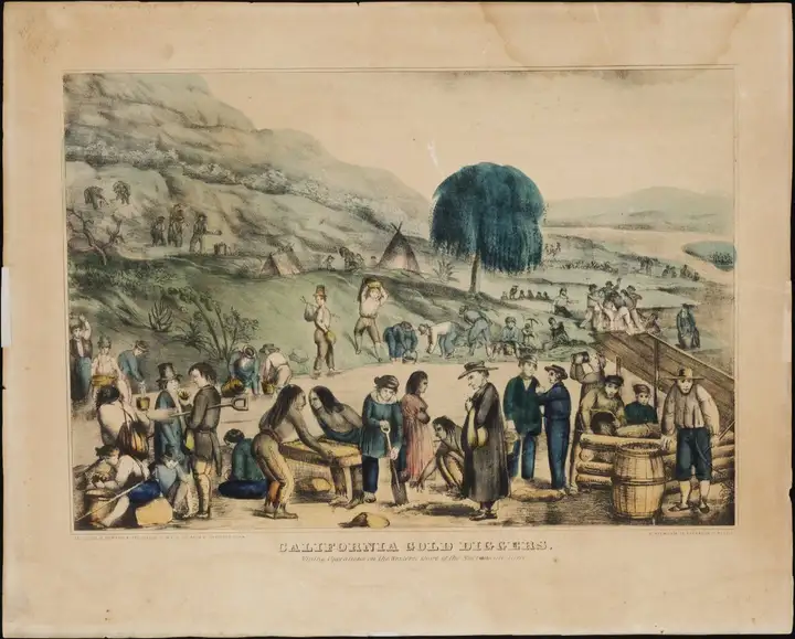 Lithograph of gold diggers working a river bank, about 1850
